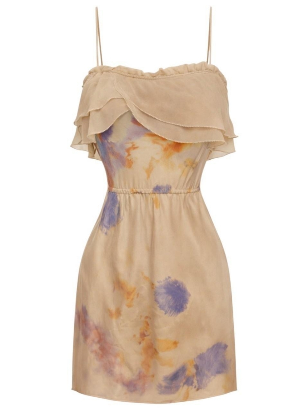Silk Mini Dress Ruffle Tie Dye XS Beige Wilfred